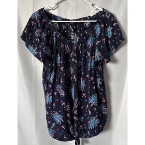 Blue Paisley Gauze Americana Peasant Blouse Cap Sleeve Tie Waist Boat Neck M